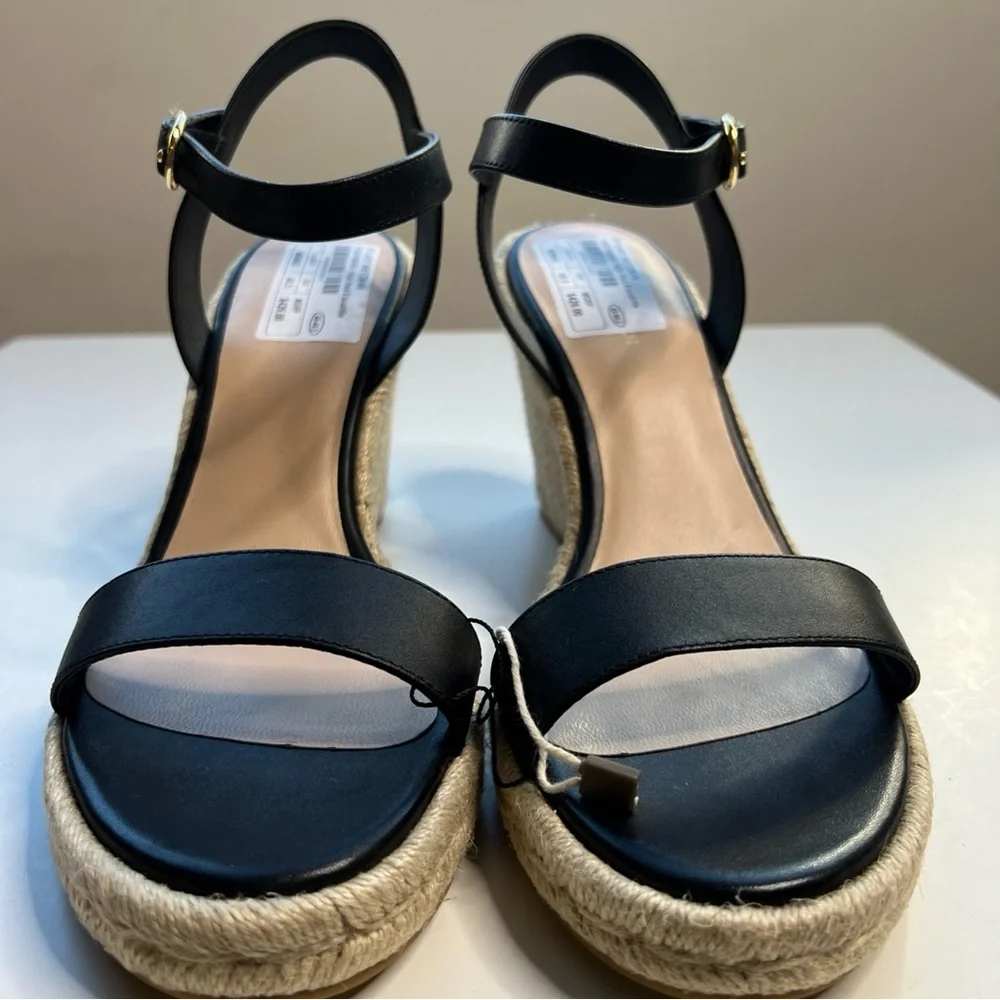Stuart Weitzman Teddi Wedge Heel Leather Espadrille Sandals Womens 9.5 Black New